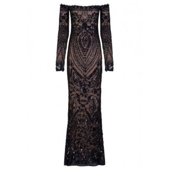 NWT Nadine Merabi Arabella Off The Shoulder Sequin Maxi Dress Black Size 10 - Picture 3 of 13